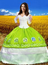 Deluxe Yellow Green Quinceanera Gown Military Ball and Sweet 16 and Quinceanera with Embroidery Off The Shoulder 3 4 Length Sleeve Lace Up