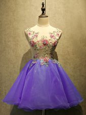 Fantastic Purple Organza Lace Up Scoop Sleeveless Mini Length Prom Dress Appliques
