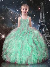 Turquoise Lace Up Straps Beading and Ruffles Girls Pageant Dresses Organza Sleeveless