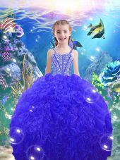 Royal Blue Lace Up Kids Pageant Dress Beading and Ruffles Sleeveless Floor Length