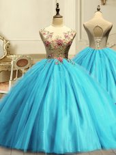 Fabulous Aqua Blue Sleeveless Appliques and Sequins Floor Length Quinceanera Dress