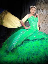 Green Sweetheart Lace Up Embroidery and Ruffles Quinceanera Gowns Brush Train Sleeveless