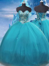 Exquisite Teal Ball Gowns Tulle Sweetheart Sleeveless Appliques Floor Length Lace Up Quinceanera Dresses