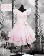 Knee Length Lace Up Baby Pink for Prom and Party with Beading and Appliques and Ruffles and Hand Made Flower
