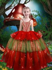 Affordable Red Lace Up Straps Beading and Ruffled Layers Girls Pageant Dresses Organza Sleeveless