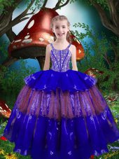 High Quality Organza Sleeveless Floor Length Little Girls Pageant Gowns and Beading and Ruffled Layers