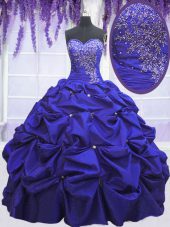 Dynamic Navy Blue Ball Gowns Sweetheart Sleeveless Taffeta Floor Length Lace Up Beading and Pick Ups Sweet 16 Dresses