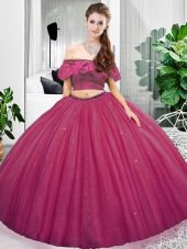 Fuchsia Two Pieces Lace and Ruching Quinceanera Dress Lace Up Organza Sleeveless Floor Length