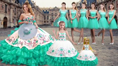 Turquoise Sweetheart Lace Up Embroidery and Ruffled Layers 15 Quinceanera Dress Sleeveless