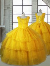 Sleeveless Lace Up Floor Length Ruffled Layers Little Girls Pageant Gowns