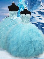Fashion Beading and Pick Ups Sweet 16 Dress Aqua Blue Lace Up Sleeveless Floor Length