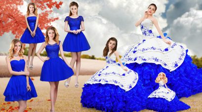 Strapless Sleeveless Sweet 16 Quinceanera Dress Brush Train Embroidery and Ruffles Royal Blue Organza
