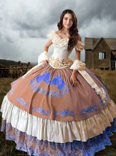 Taffeta Off The Shoulder Sleeveless Brush Train Lace Up Embroidery and Ruffled Layers 15th Birthday Dress in Multi-color