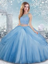 Best Selling Baby Blue Tulle Clasp Handle Scoop Sleeveless Floor Length Sweet 16 Quinceanera Dress Beading