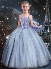 Customized Floor Length Ball Gowns Sleeveless Light Blue Girls Pageant Dresses Lace Up