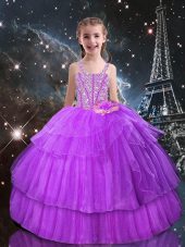 Fancy Floor Length Lilac Kids Pageant Dress Straps Sleeveless Lace Up