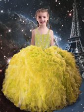 Trendy Sleeveless Lace Up Floor Length Beading and Ruffles Little Girl Pageant Dress