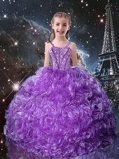 Eggplant Purple Sleeveless Floor Length Beading and Ruffles Lace Up Kids Pageant Dress