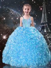 Beauteous Sleeveless Organza Floor Length Lace Up Child Pageant Dress in Aqua Blue with Beading and Ruffles