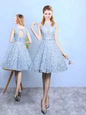 Light Blue A-line Scoop Sleeveless Printed Knee Length Lace Up Belt Quinceanera Court Dresses