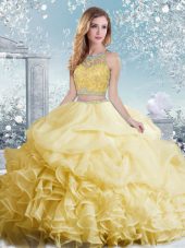 Yellow Two Pieces Beading and Ruffles and Pick Ups Quinceanera Gown Clasp Handle Organza Sleeveless Floor Length