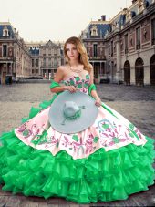 Exquisite Floor Length Green Quinceanera Gown Organza Sleeveless Embroidery and Ruffled Layers