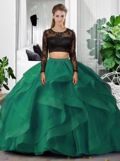 Fine Floor Length Two Pieces Long Sleeves Dark Green Sweet 16 Dresses Backless