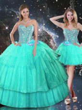 Beautiful Turquoise Sleeveless Floor Length Ruffled Layers and Sequins Lace Up Quinceanera Dress