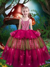 Sleeveless Organza Floor Length Lace Up Kids Pageant Dress in Hot Pink with Beading and Ruffled Layers
