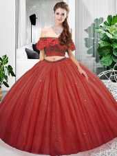 Organza Off The Shoulder Sleeveless Lace Up Lace Quinceanera Gowns in Coral Red