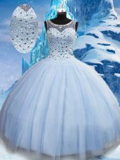 Most Popular Scoop Sleeveless Sweet 16 Dresses Floor Length Beading Light Blue Tulle