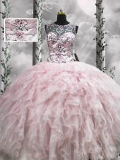 Captivating Floor Length Zipper Sweet 16 Dresses Pink for Military Ball and Sweet 16 and Quinceanera with Beading and Ruffles