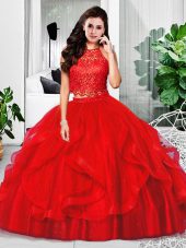 Fine Halter Top Sleeveless 15th Birthday Dress Floor Length Lace and Ruffles Red Tulle