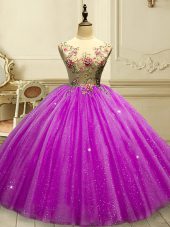 Appliques and Sequins 15 Quinceanera Dress Fuchsia Lace Up Sleeveless Floor Length