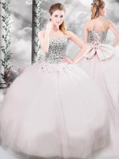 Nice Pink Ball Gown Prom Dress Tulle Brush Train Sleeveless Beading and Bowknot