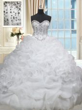 Low Price Sleeveless Organza Brush Train Lace Up Sweet 16 Dresses in White with Beading and Pick Ups