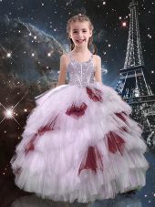 Elegant Tulle Sleeveless Floor Length Party Dress for Toddlers and Beading and Ruffled Layers