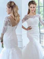 Scoop Half Sleeves Bridal Gown Brush Train Lace White Tulle