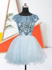 Beauteous Scoop Short Sleeves Lace Up Prom Party Dress Light Blue Organza
