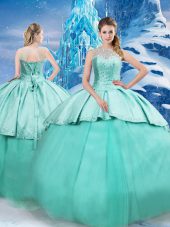 Turquoise Scoop Neckline Beading and Ruching Quinceanera Dress Sleeveless Lace Up