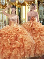 Orange Organza Lace Up Ball Gown Prom Dress Sleeveless Floor Length Beading and Ruffles