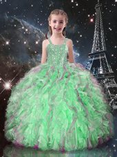 Sleeveless Floor Length Beading and Ruffles Lace Up Little Girls Pageant Dress with Apple Green