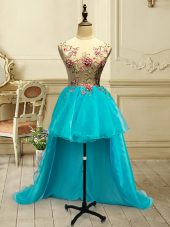 Baby Blue Sleeveless High Low Embroidery Lace Up Prom Gown