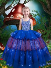 Dramatic Blue Organza Lace Up Straps Sleeveless Floor Length Kids Formal Wear Beading and Ruffled Layers