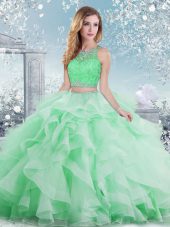 Apple Green Clasp Handle Ball Gown Prom Dress Beading and Ruffles Sleeveless Floor Length