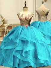 Eye-catching Scoop Sleeveless Organza Sweet 16 Quinceanera Dress Appliques and Ruffles Lace Up