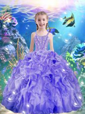 Fancy Purple Organza Lace Up Straps Sleeveless Floor Length Girls Pageant Dresses Beading and Ruffles
