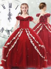 Wine Red Off The Shoulder Neckline Appliques Girls Pageant Dresses Sleeveless Lace Up
