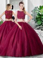 Fashion Scoop Sleeveless Zipper Quince Ball Gowns Fuchsia Tulle