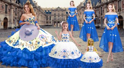 Royal Blue Sleeveless Floor Length Embroidery and Ruffled Layers Lace Up Quinceanera Gowns